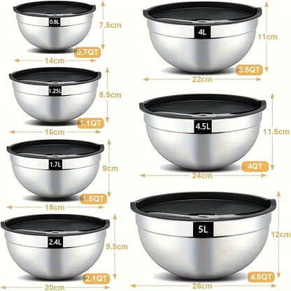 Stainless Steel Mixing Bowls with Airtight Lids Set of 14 Seven Nesting Bowls 0.7 to 4.5QT for Home Cooking, Dining and Outdoor Meals