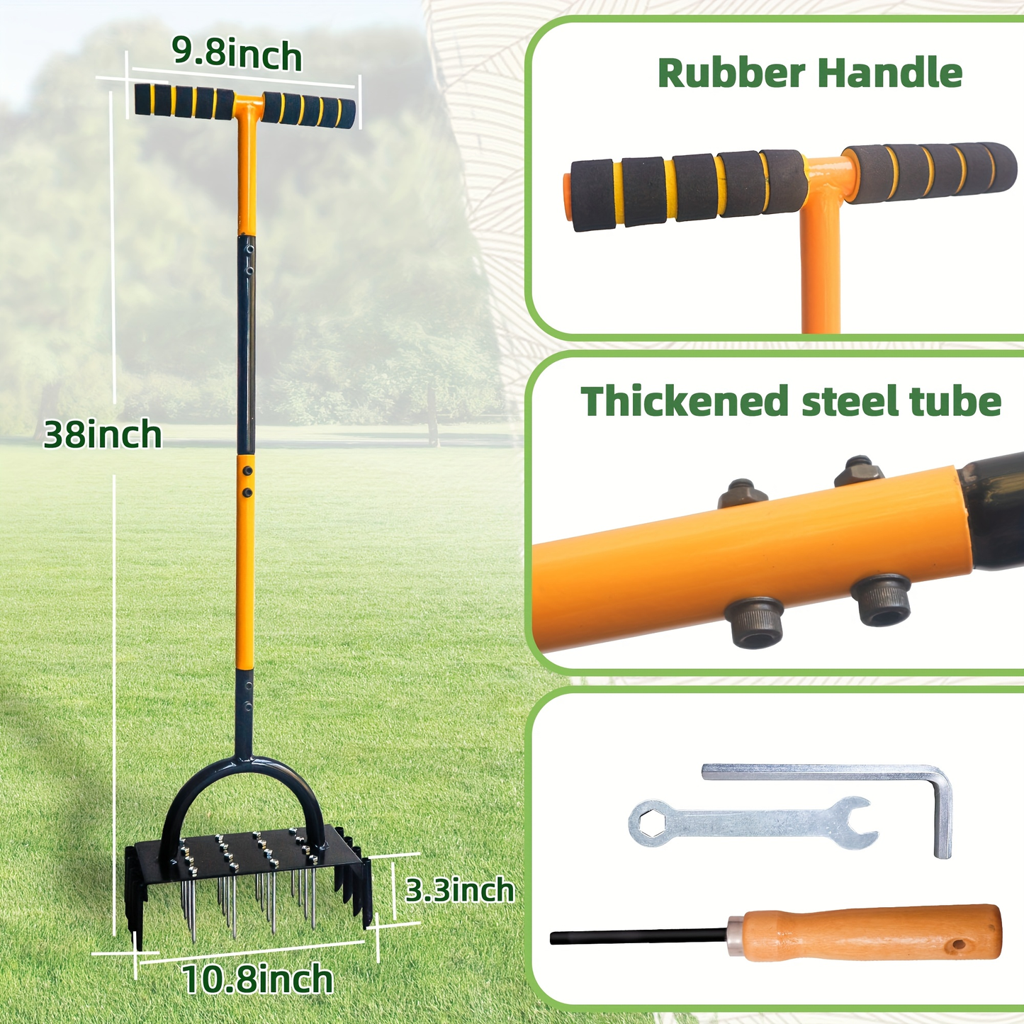 Dual-Plate 38-Inch Manual Lawn Aerator with 16-Spike Plate, 8-Hollow-Corer Plate and T-Handle