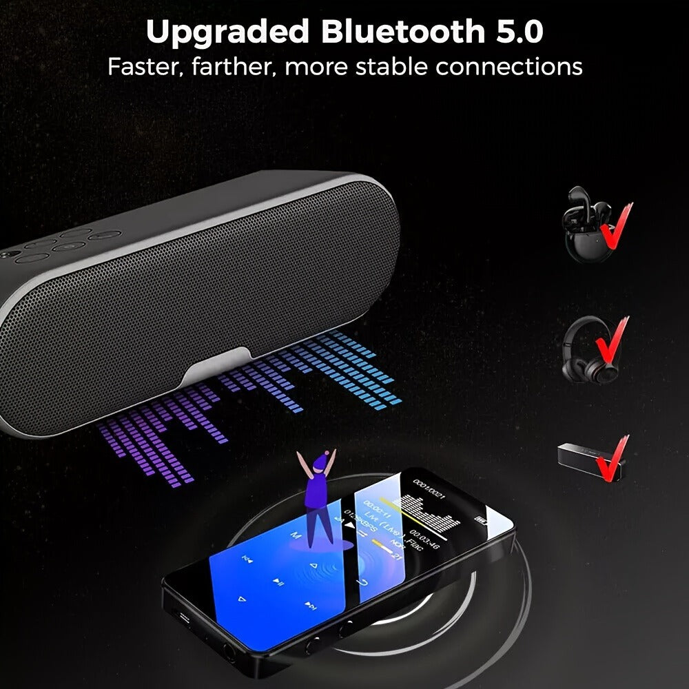 Bluetooth 5.0 Touchscreen MP3 Player with FM Radio, Voice Recorder and 128GB Card Support in Black