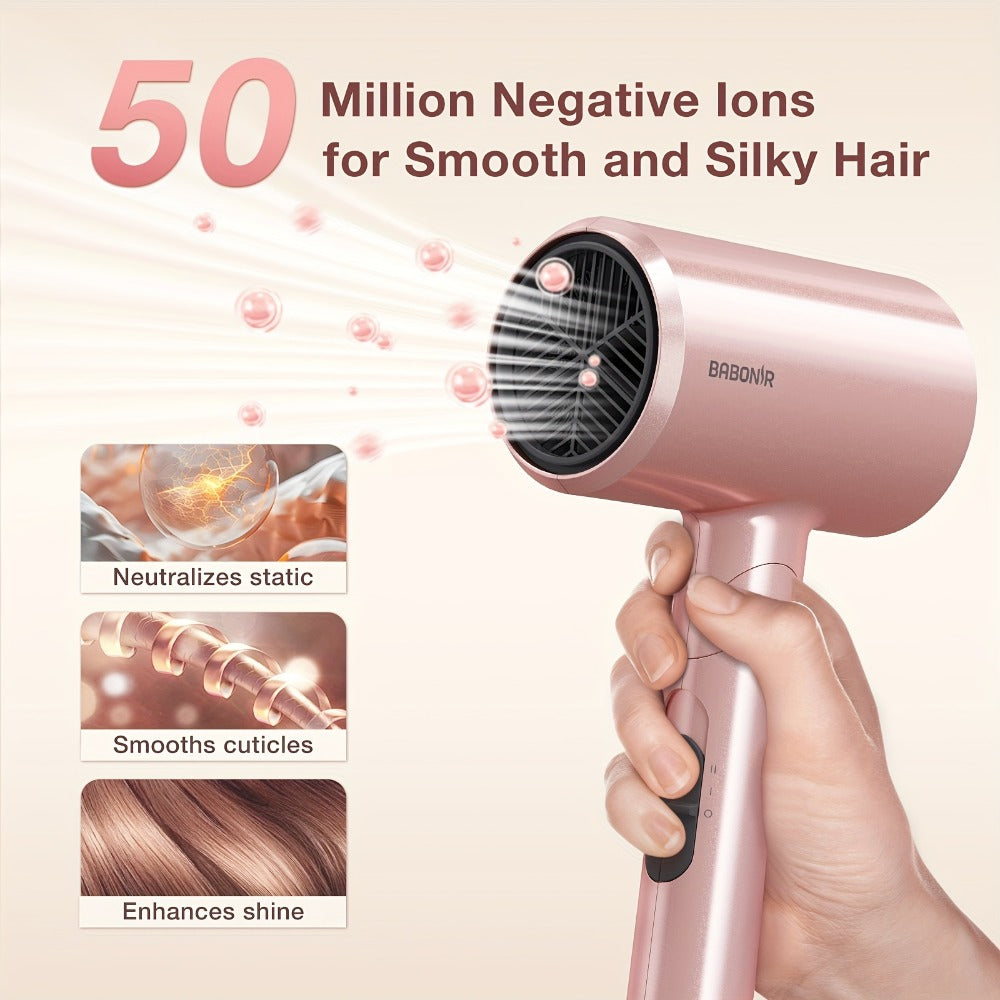 1875W Ionic Travel Hair Dryer Foldable with Diffuser & Concentrator Nozzle — Brushless Motor, 3 Heat Settings, 2 Speeds, Fast Drying Compact Blow Dryer for All Hair Types, Pink or Gray