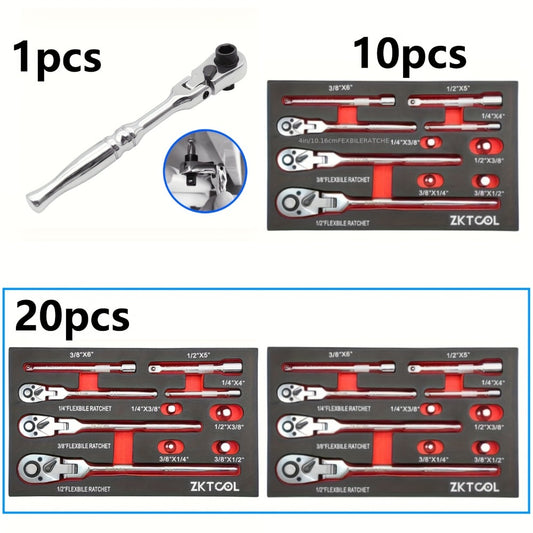 Swivel Head Ratchet Wrench Set – Spring-Loaded Flex Head 1/4" 3/8" 1/2" Drive with Extension Bar, Single or Multi-Pack for Auto & Mechanical Repair