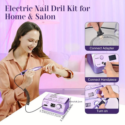 Nail Drill Kit 35000 RPM with 100 Sanding Bands Multiple Drill Bits Electric Nail File for Acrylic Gel Nails Manicure Pedicure Salon Home Use Purple Pink Black