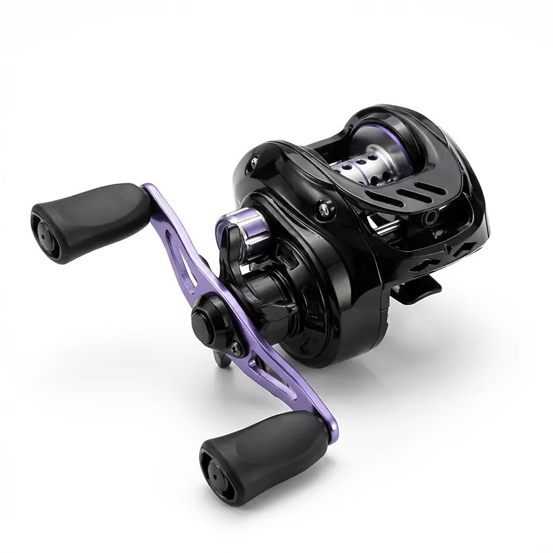 Black and Purple Baitcasting Fishing Reel with Left- or Right-Hand Retrieve and Dual-Paddle Handle