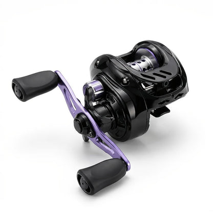 Black and Purple Baitcasting Fishing Reel with Left- or Right-Hand Retrieve and Dual-Paddle Handle