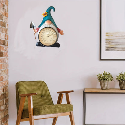 Metal Gnome Analog Thermometer Wall Decor with Teal Hat, Flower Accent and Round Temperature Dial