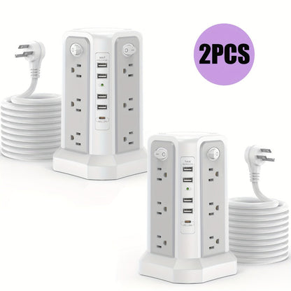 Power Strip Tower with 12–16 AC Outlets, 4 USB-A, PD 20W USB-C and 1500J Surge Protection for Home Office Charging