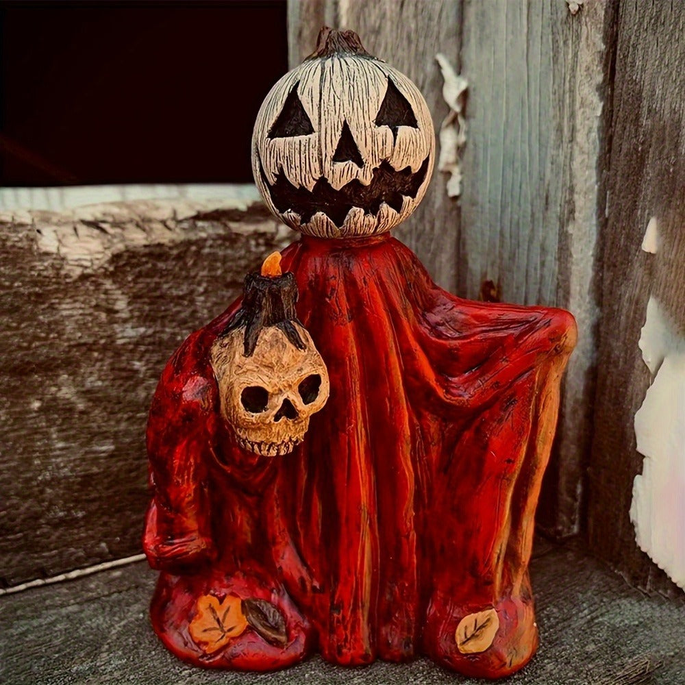 Halloween Pumpkin Wizard Resin Figurine 2-Pack – Spooky Desktop Ornament & Bookshelf Decor, Skeleton Gnome Tabletop Statue for Halloween Home Decor & Seasonal Display