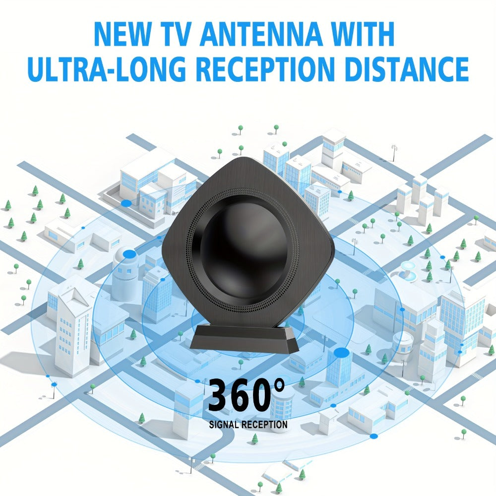 TV Antenna with Circular Omnidirectional Body, Powered Signal Amplifier, Coaxial Cable and Indoor Stand