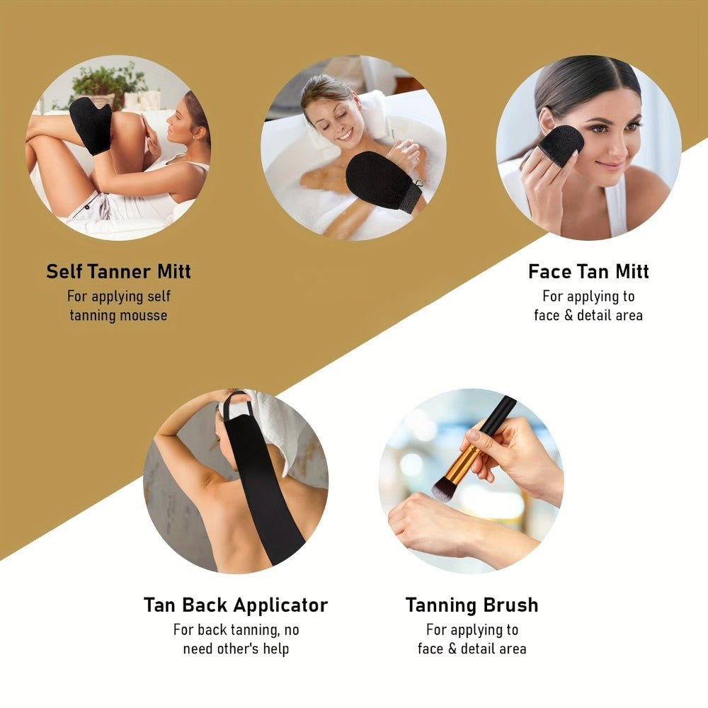 Sunless Tanning Mousse Kit 6-Piece Set with Mitt Applicator - Self Tanner Foam 1 Hour Fast Tan No Fake Smell Long Lasting Bronze Glow 3.38oz Gift Set