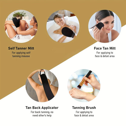 Sunless Tanning Mousse Kit 6-Piece Set with Mitt Applicator - Self Tanner Foam 1 Hour Fast Tan No Fake Smell Long Lasting Bronze Glow 3.38oz Gift Set
