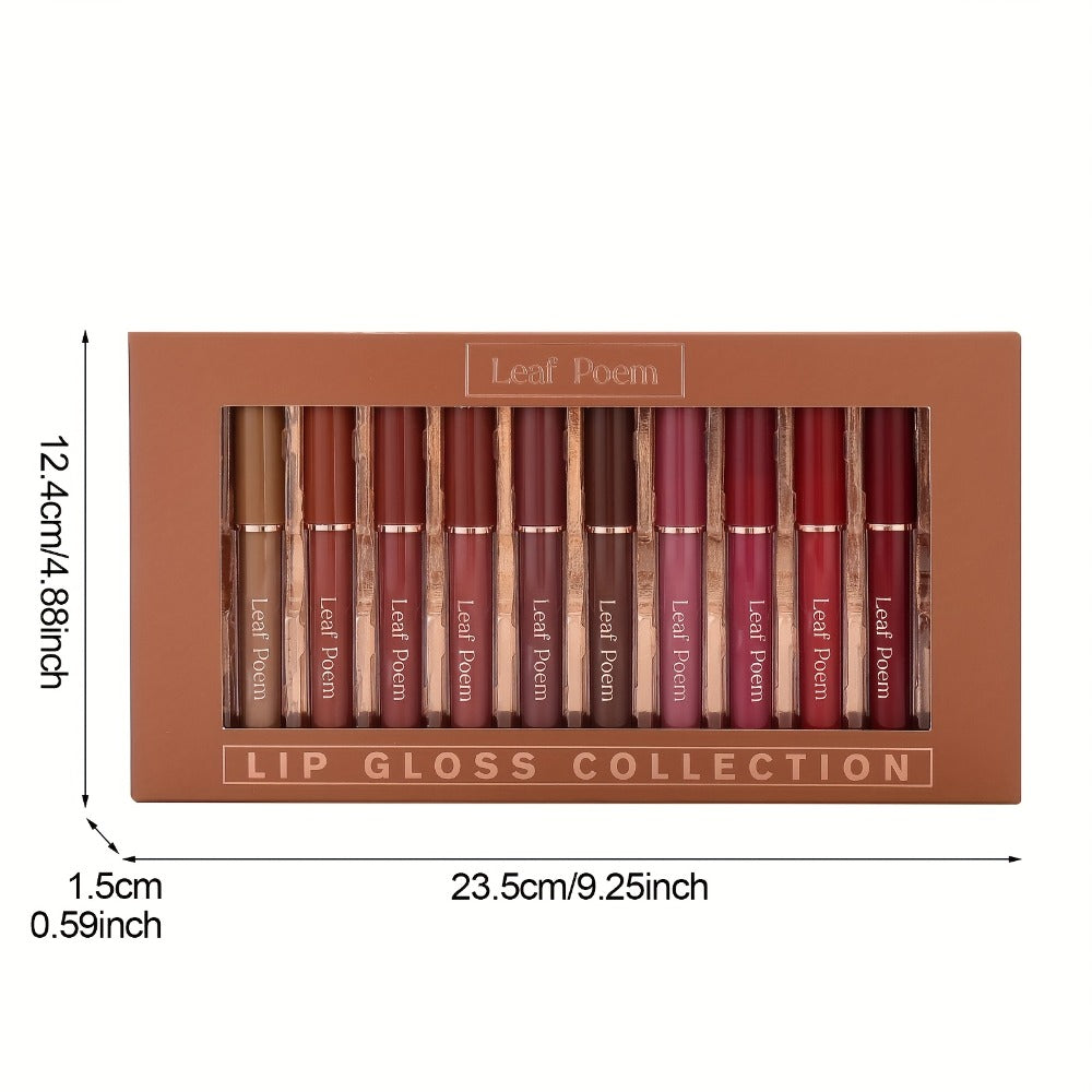Lip Gloss Set by Leaf Poem with 12 Mixed Lip Colors, Slim Tube Applicators and Presentation Box