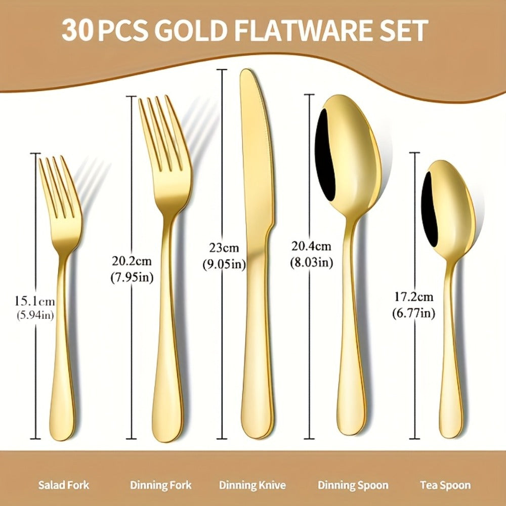 Thirty-Piece Gold-Tone Flatware Set for Six with Five-Piece Place Settings and Fitted Presentation Case