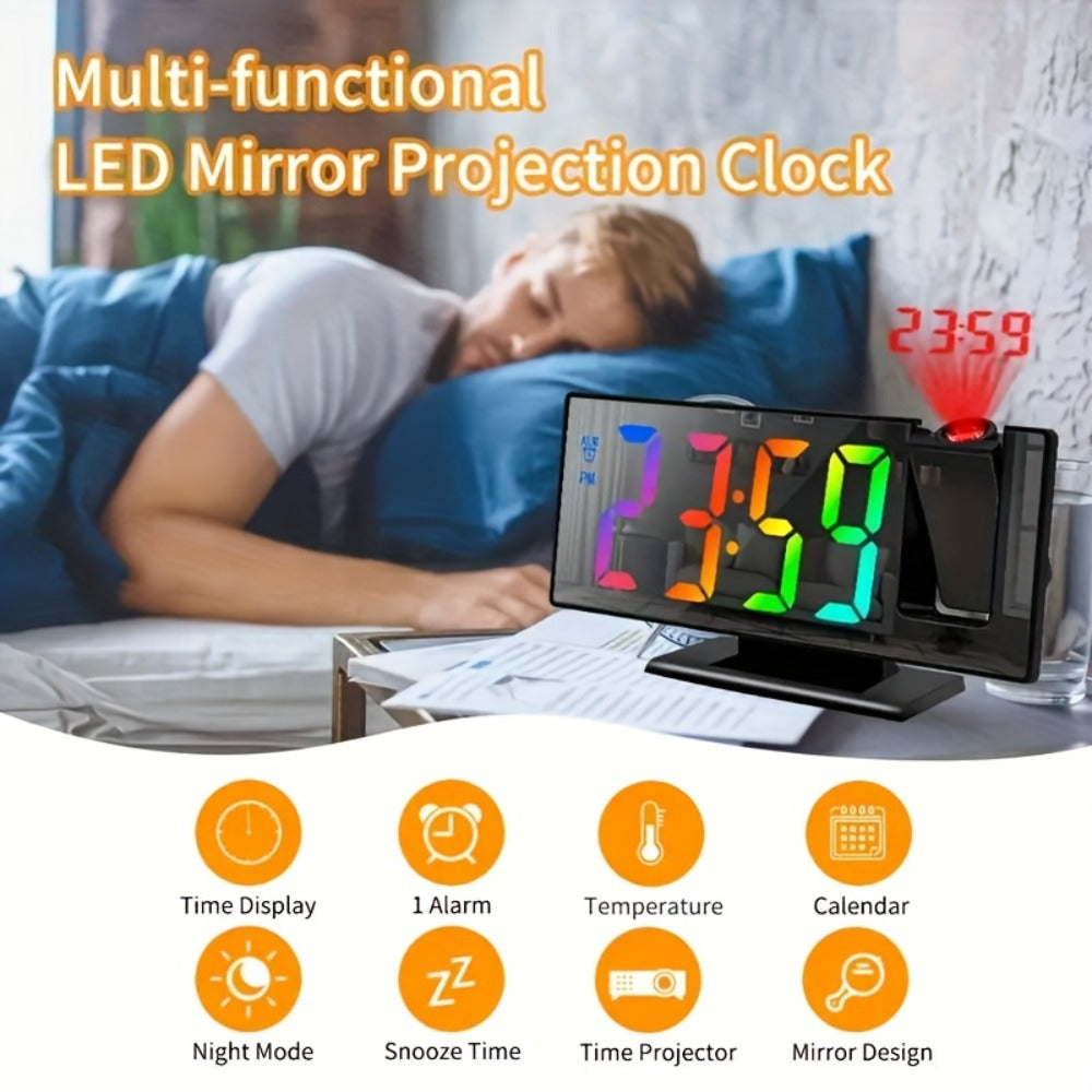 Digital Projection Alarm Clock LED Color Screen - 180° Rotating Projector, Temperature Display, Adjustable Brightness, Night Mode, Snooze, USB Powered Bedroom Living Room Ceiling Clock Decor