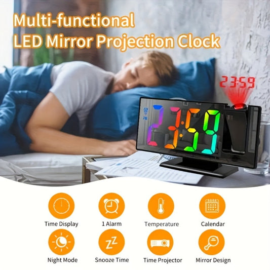 Digital Projection Alarm Clock LED Color Screen - 180° Rotating Projector, Temperature Display, Adjustable Brightness, Night Mode, Snooze, USB Powered Bedroom Living Room Ceiling Clock Decor