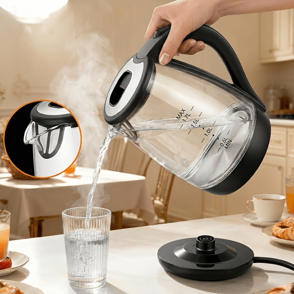 Glass Electric Kettle 1200W Fast Boiling – 57.48oz Tea Kettle with LED Indicator, Auto Shut-Off & Boil-Dry Protection, Elegant Transparent Design for Kitchen, Office & Camping