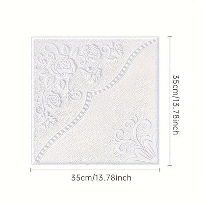Fifty-Piece Embossed Floral-Curve Wall Tile Sticker Set with 35 cm Square Panels in Four Colors