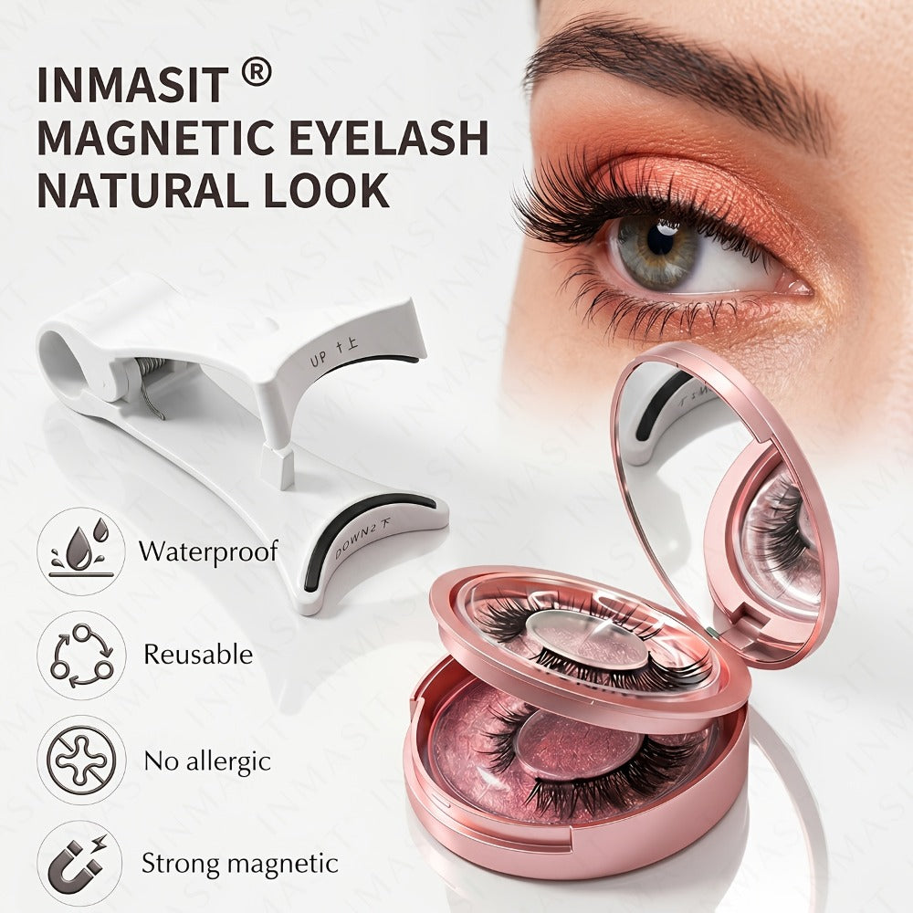 INMASIT Magnetic False Eyelashes Set with Round Storage Case and Applicator in Black or Pink