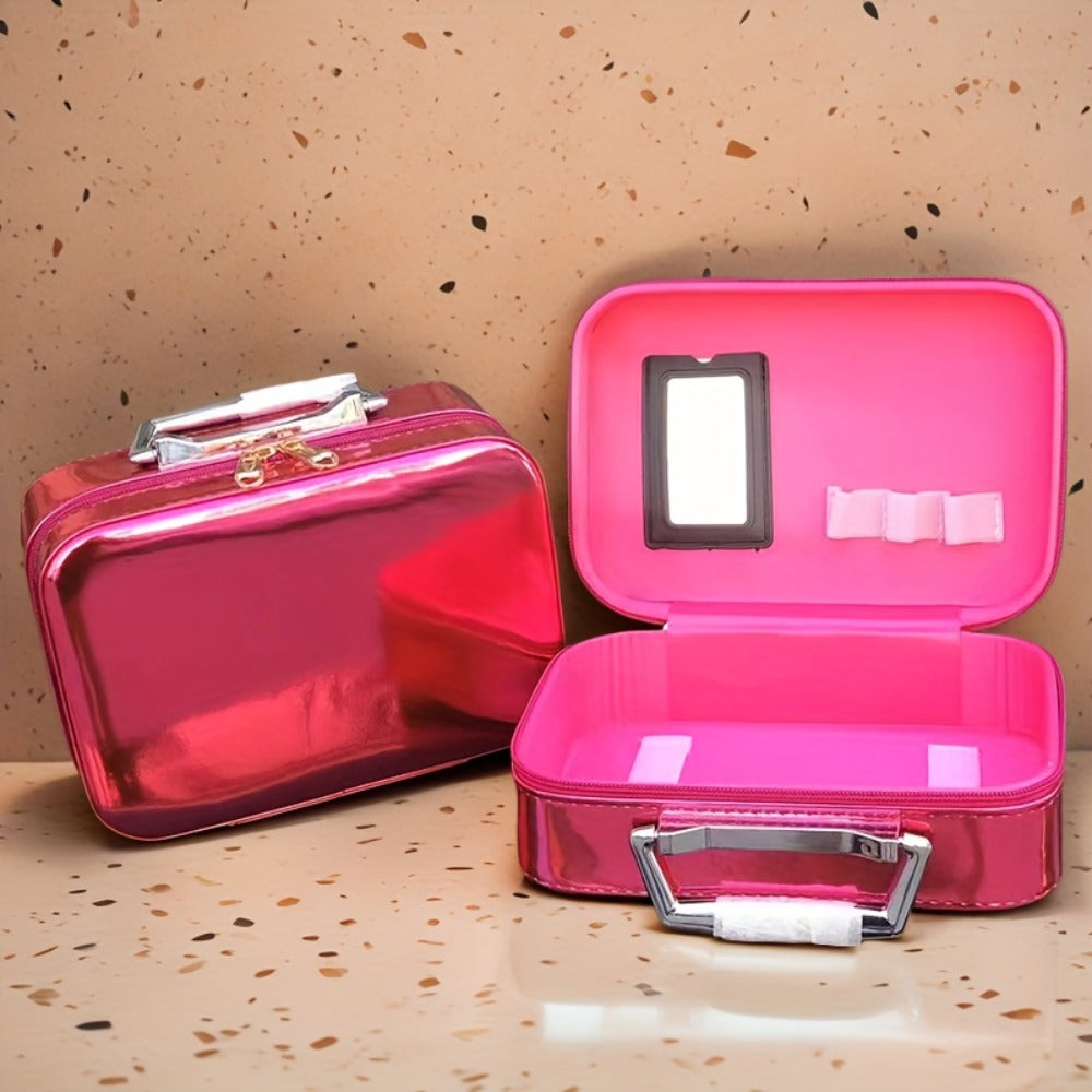 Glitter Makeup Travel Case Hard Shell Large Capacity Flat Lay Organizer Luxury Cosmetic Storage Box for Women Portable Fits in Suitcase Gold Rose Red Pink Size L Beauty Gift