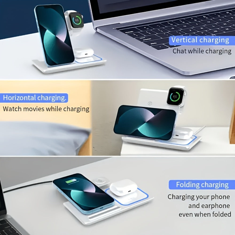 3-in-1 MagSafe Wireless Charging Station 15W Fast Charger – Foldable HS BS Style Stand for iPhone 16 15 14 13 12 Pro Max, Apple Watch Ultra Series 9 8 7 & AirPods 3 2 Pro, Desk Bedside Nightstand