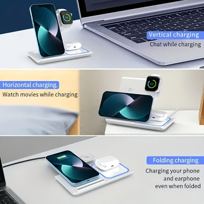 3-in-1 MagSafe Wireless Charging Station 15W Fast Charger – Foldable HS BS Style Stand for iPhone 16 15 14 13 12 Pro Max, Apple Watch Ultra Series 9 8 7 & AirPods 3 2 Pro, Desk Bedside Nightstand