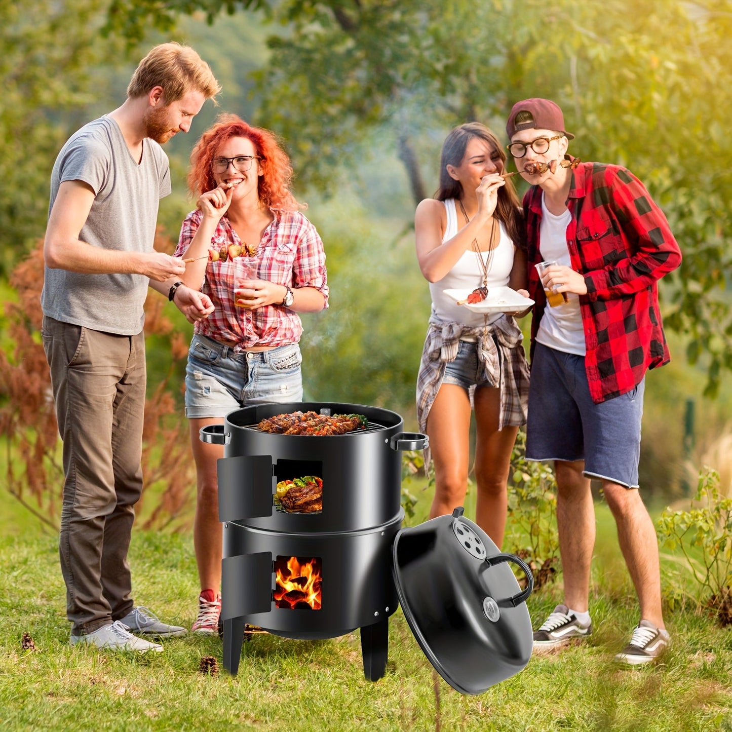 Charcoal Smoker Grill 16 Inch Vertical 3-Tier with Easy Temperature Control, Portable Outdoor Smoker for Simultaneous Smoking Grilling Cooking, Backyard Camping BBQ