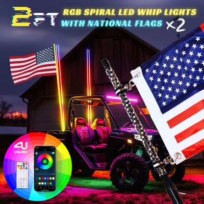 RGB LED Whip Lights for UTV ATV – 1ft/2ft/3ft/4ft Spiral Color Changing Neon Light Whips with Remote & App Control, Music Sync, for RZR SXS Dune Buggy Off-Road Truck (2pcs, No Spring Base)