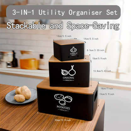 Vegetable Storage Box Set 3 Piece – Potato Onion Garlic Organizer Canisters with Flip-Top Lid, Metal Pantry Kitchen Food Storage Containers