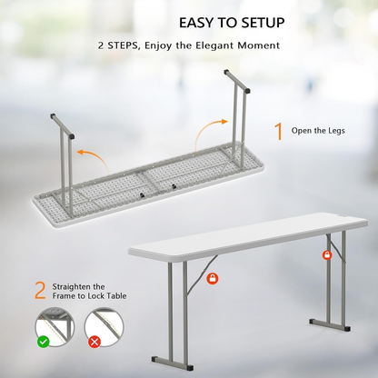 Narrow White 6-Foot Portable Folding Table with Rectangular Top and Folding Gray Leg Frame