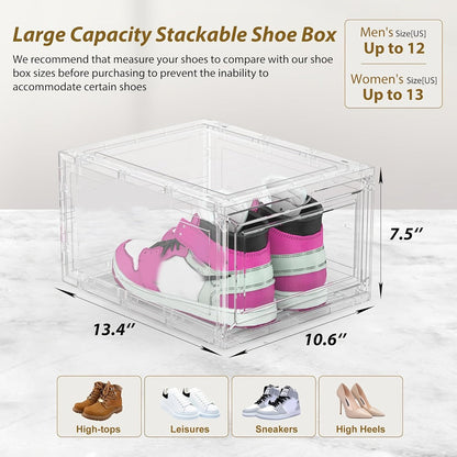 Clear Stackable Shoe Storage Boxes 6/12 Pack XX Large Hard Plastic Organizer for Size 12 Sneakers Closet White