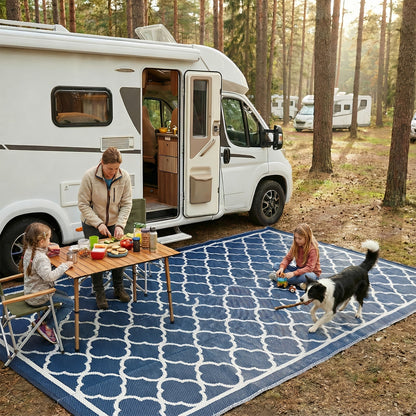 Outdoor Area Rug Waterproof Foldable Picnic Mat for Patio Balcony RV Camping Beach Garden – Blue Clover & Gray, Multiple Sizes