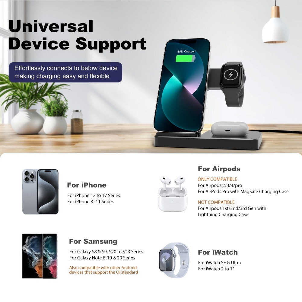 3-in-1 MagSafe Wireless Charger Foldable Travel Charging Station 15W Fast Charge – LED Indicator, Anti-Slip Stand for iPhone 17/16/15/14/13/12, Apple Watch Ultra/Series 10/9/SE & AirPods Pro | Jet Black & White