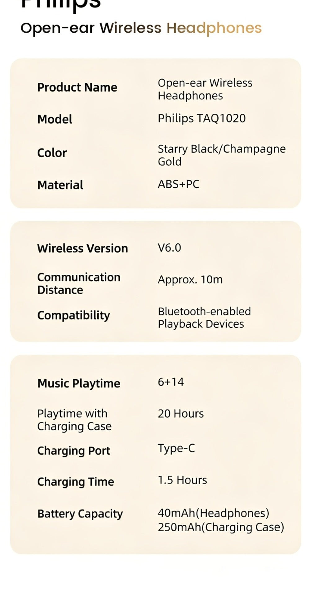 Philips TWS Ear Clip Sport Headset Hi-Fi Bass Stereo HD Calls Earhook Wireless Bluetooth for Music Gaming Business iOS Android Gift for Couples Valentine Black Gold