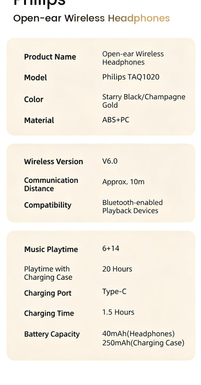 Philips TWS Ear Clip Sport Headset Hi-Fi Bass Stereo HD Calls Earhook Wireless Bluetooth for Music Gaming Business iOS Android Gift for Couples Valentine Black Gold