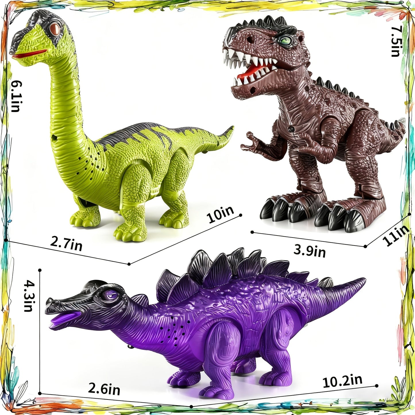 Electric Walking Dinosaur Toys Set of 3 with Sound, Light & Walking Functions – Interactive Moving Dino Toy Collection, Birthday Christmas Gift for Boys Girls Ages 3-7