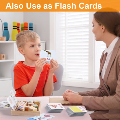 Phonics Word Builder Set with 110 Picture Cards, Ten Letter Blocks and Two-Level Wooden-Look Tray