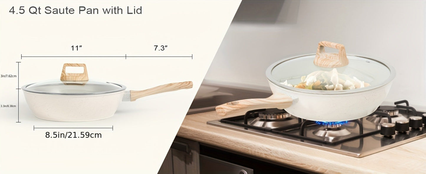 Black or White Nonstick Cookware Set with Frying Pans, Lidded Pots and Wood-Look Handles for Home Kitchens