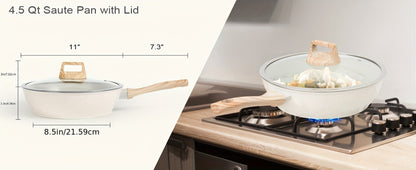 Black or White Nonstick Cookware Set with Frying Pans, Lidded Pots and Wood-Look Handles for Home Kitchens