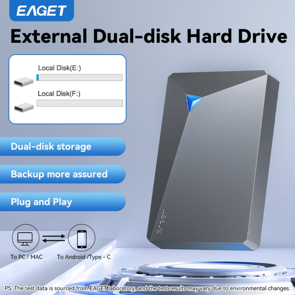 Dual-Disk 1TB Portable Hard Drive with USB 3.0 Interface, EAGET G20 Pro Black Enclosure and Type-C Diagram