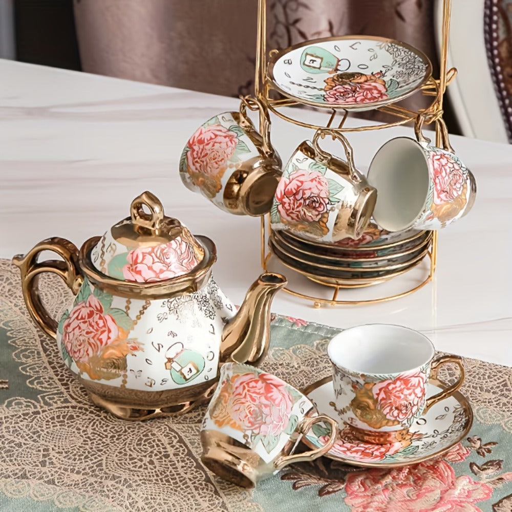 Twenty-Piece Floral Ceramic Tea Set with 15-Ounce Teapot, Six Cups, Saucers, Spoons and Gold Rack