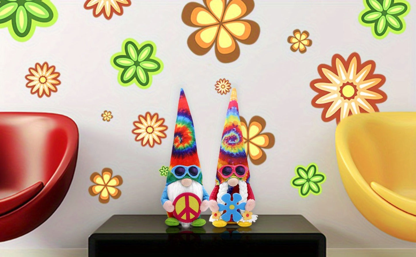 Hippie Gnomes Decorations 2 Pack – Groovy Tie Dye Tomte Figurines with Peace Sign & Fashion Glasses, 13.5" Swedish Gnome Shelf Sitters for Farmhouse, Christmas, Halloween & Party Decor