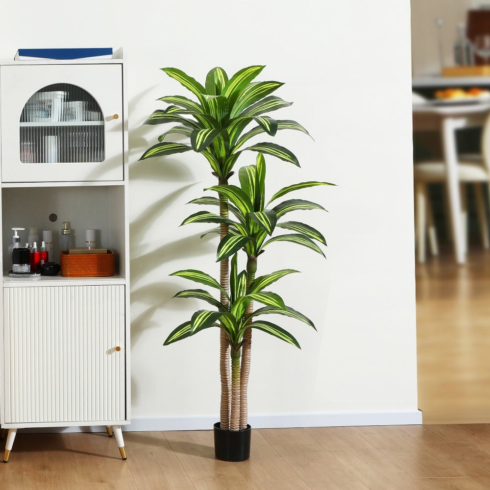 Potted Dracaena Artificial Tree with Complete 4, 5 and 6 ft Height Options and Layered Green Leaf Display