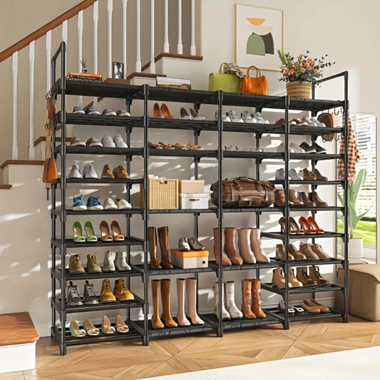 Shoe Rack 4-Row Metal Organizer with 6-Tier 55-Pair or 9-Tier 64-Pair Black Configurations