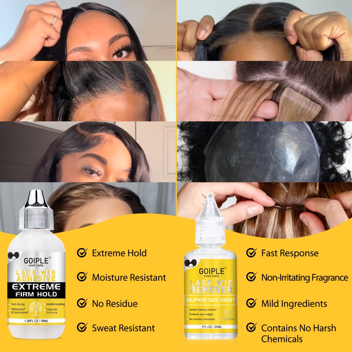 Wig Installation Kit in 9-Piece Glue or 14-Piece Styling Sets with Bands, Caps, Combs and Liquid Bottles