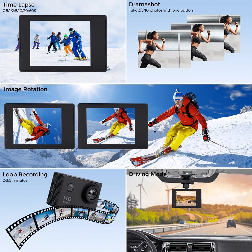 1080P 30fps-Labeled Action Camera with 170-Degree Lens, 2-Inch LCD, 900mAh Battery and Mounting Accessories