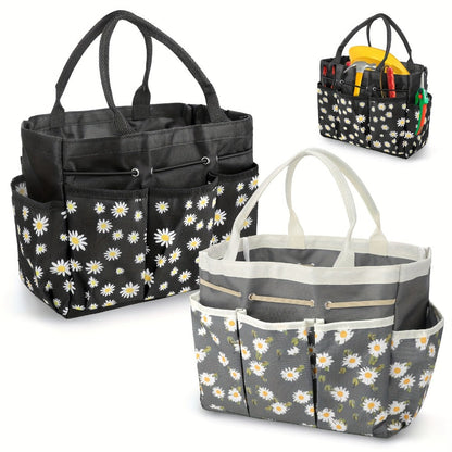 Multi-Pocket Garden Tool Organizer Tote with Daisy Pattern and Black or Gray Checkout Color Options