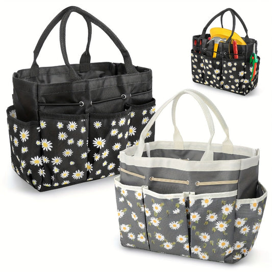 Garden Tool Bag Heavy Duty Multi-Pocket Organizer – Large Capacity Tool Storage Carrier Tote for Gardening, Lawn Care, Camping & Outdoor Work, Portable Daisy Pattern, Black & Gray (No Tools Included)