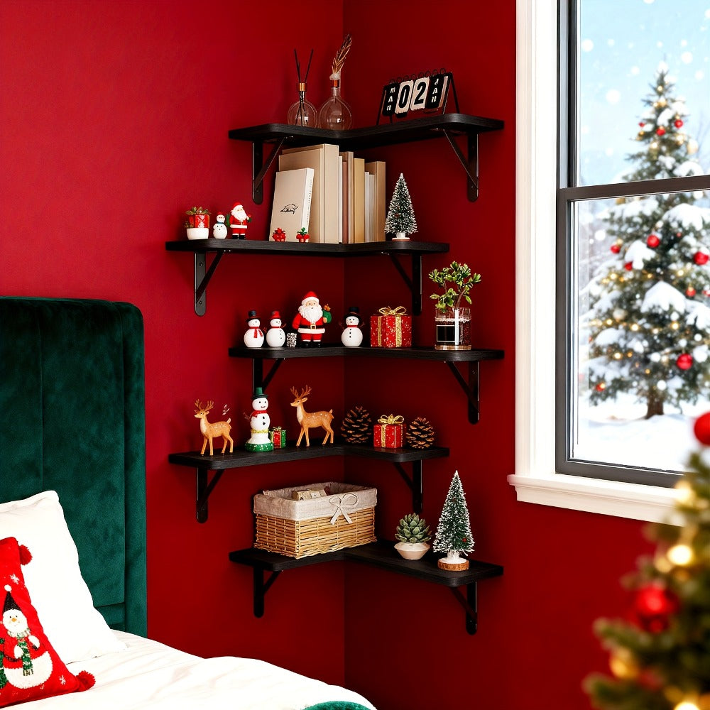 Corner Wall Shelf Set with L-Shaped Boards, Metal Brackets, Five- or Six-Piece Options and Seven Finishes