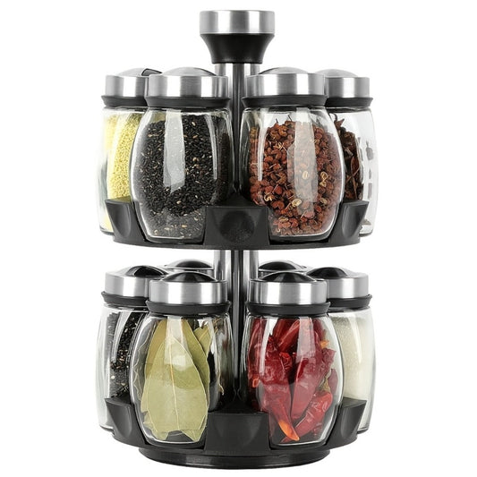 Glass Spice Jar Set with Rotating Rack – Airtight Kitchen Spice Organizer with 360° Stainless Steel Stand – Food Grade Glass Seasoning Bottles for Pantry, Cabinet & Countertop Storage – 6 or 12 Piece