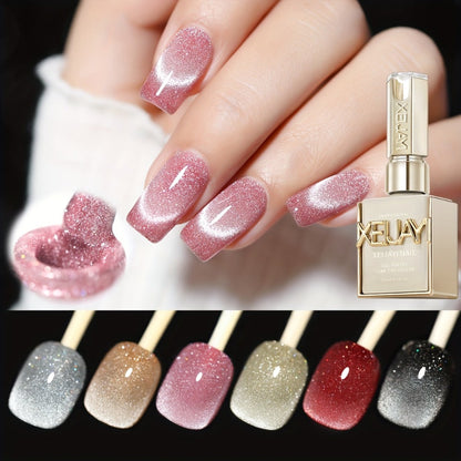 Cat Eye Magnetic Gel Nail Polish Set 6 Colors - Sparkling Stars Dynamic Rhinestone UV LED Soak Off Long Lasting Photo Frame Bottle Nail Art Kit for Women Home Salon