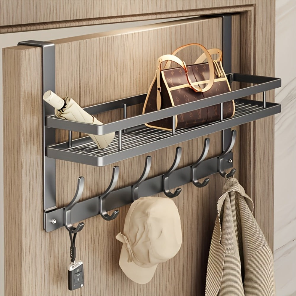 Over-the-Door Storage Rack with Hooks – Metal Multifunctional Organizer for Bedroom Bathroom Kitchen, 4/5/6/8 Hook Options in Gray & Black